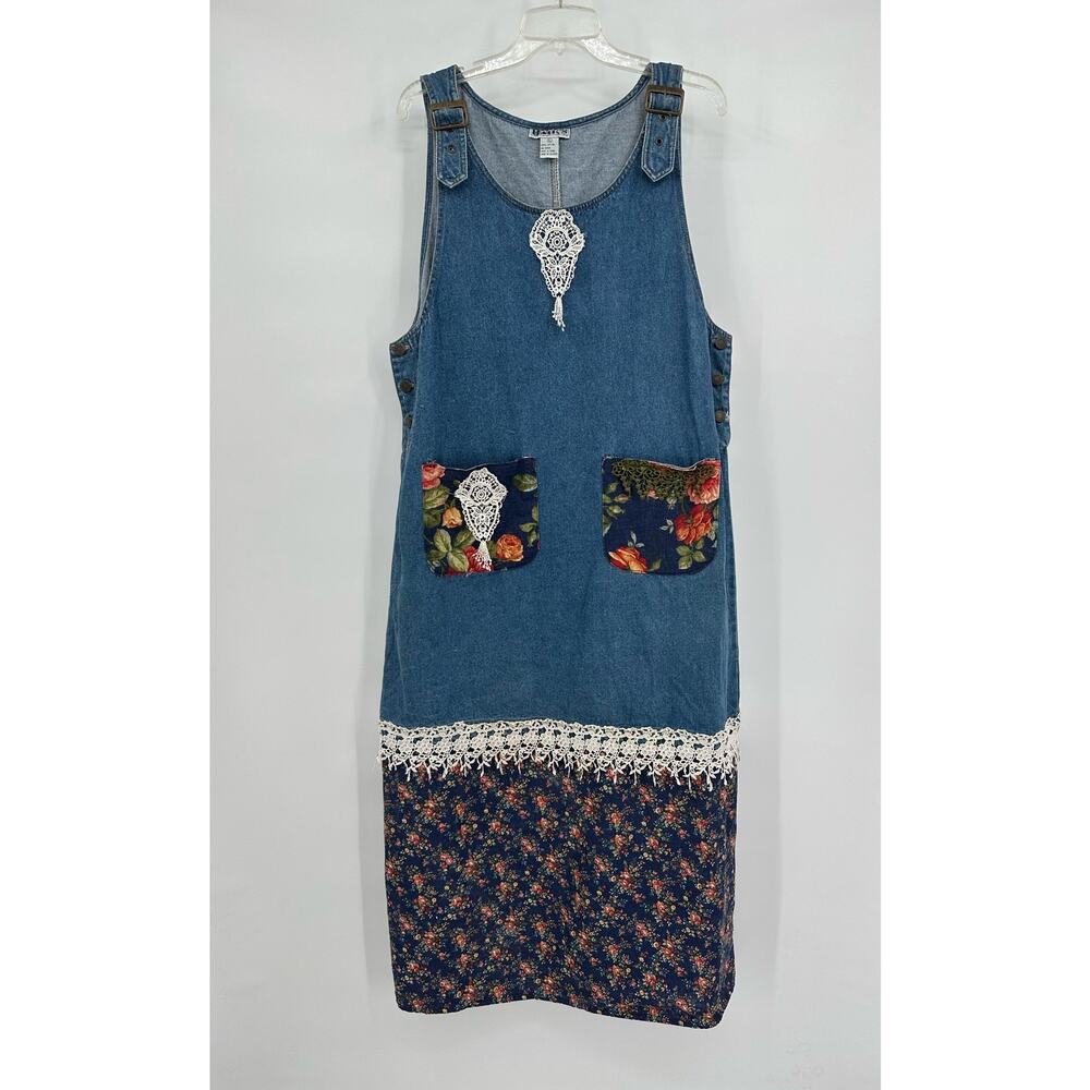 Vintage‎ Haiks Womens Maxi Denim Jumper Dress Size XL Cottagecore Crochet Floral